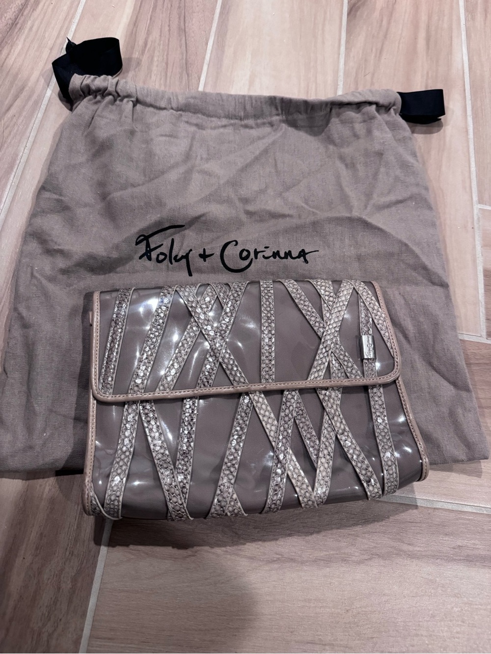 Foley + Corinna Taupe Patent Clutch with Crystal Lattice Detail